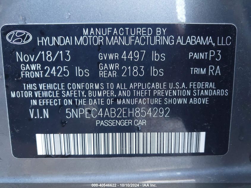 5NPEC4AB2EH854292 2014 Hyundai Sonata Se 2.0T