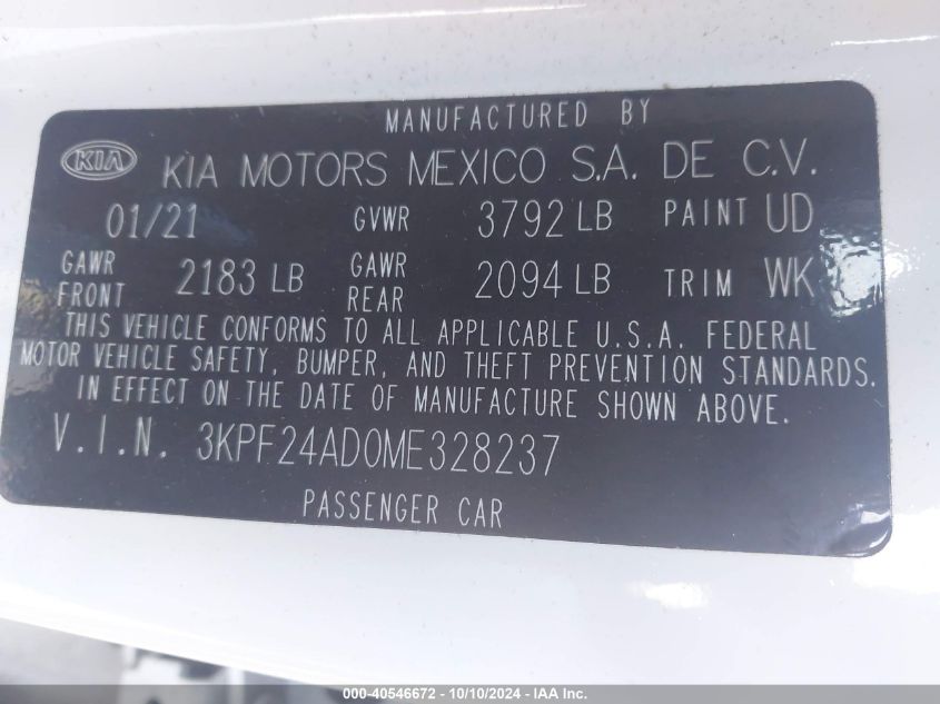 3KPF24AD0ME328237 2021 Kia Forte Fe