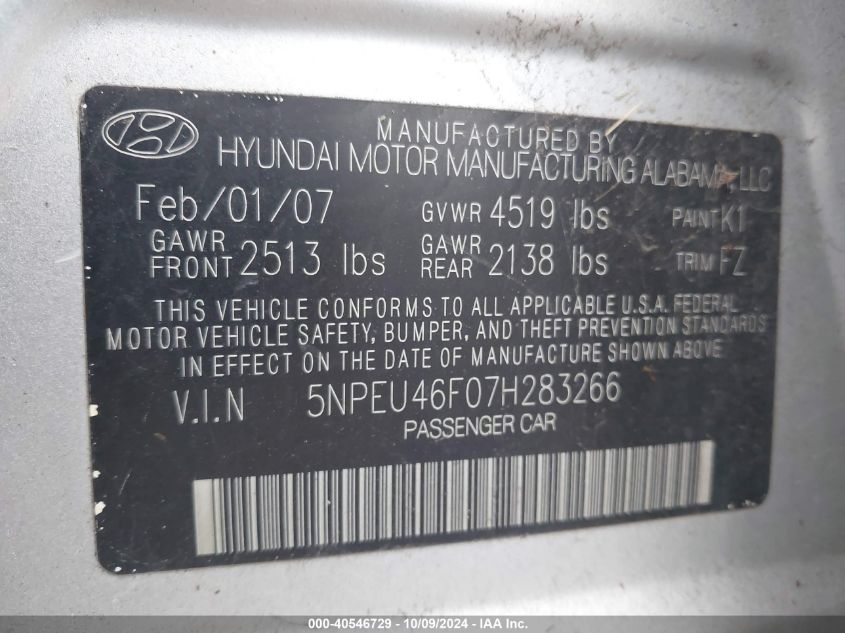 5NPEU46F07H283266 2007 Hyundai Sonata Se/Limited