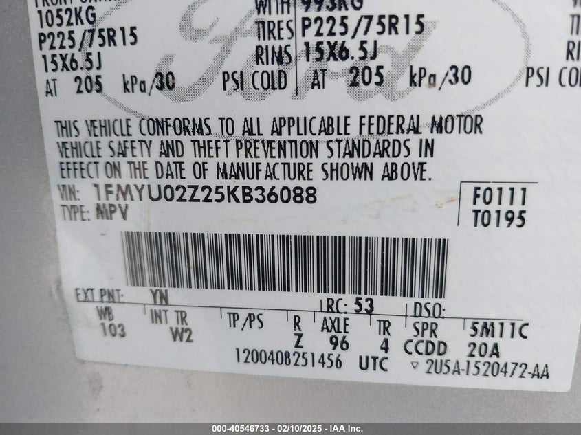 2005 Ford Escape Xls VIN: 1FMYU02Z25KB36088 Lot: 40546733