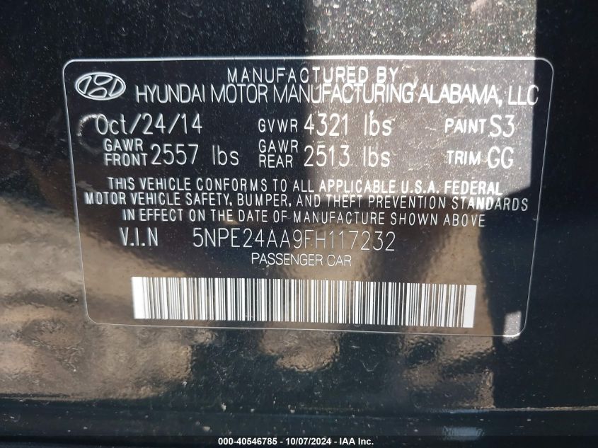 5NPE24AA9FH117232 2015 Hyundai Sonata Eco