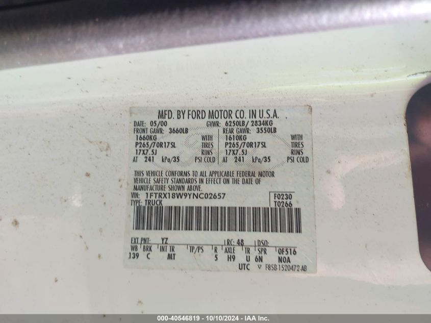 2000 Ford F-150 Lariat/Work Series/Xl/Xlt VIN: 1FTRX18W9YNC02657 Lot: 40546819