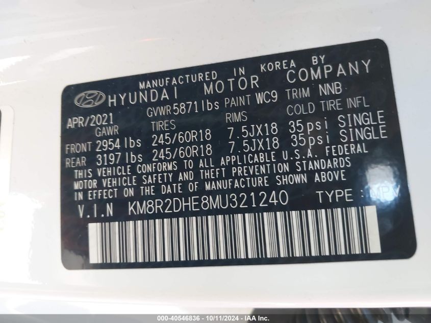 2021 Hyundai Palisade Sel VIN: KM8R2DHE8MU321240 Lot: 40546836