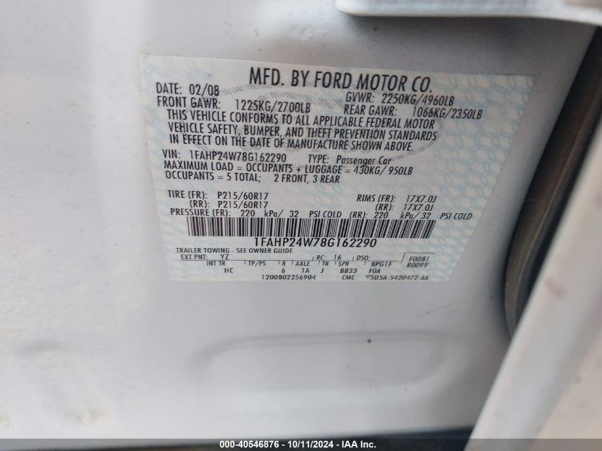 1FAHP24W78G162290 2008 Ford Taurus Sel