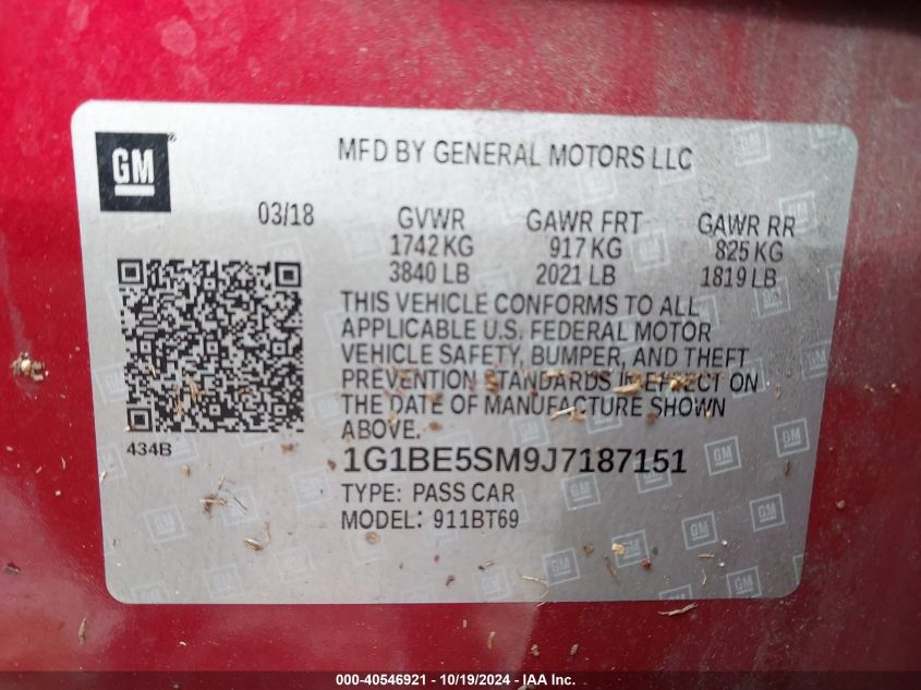 VIN 1G1BE5SM9J7187151 2018 Chevrolet Cruze, Lt Auto no.9