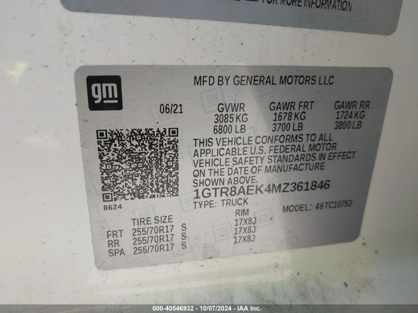 1GTR8AEK4MZ361846 2021 GMC Sierra 1500 2Wd Standard Box