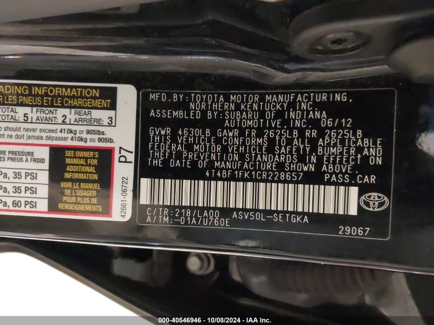 4T4BF1FK1CR228657 2012 Toyota Camry Se/Le/Xle