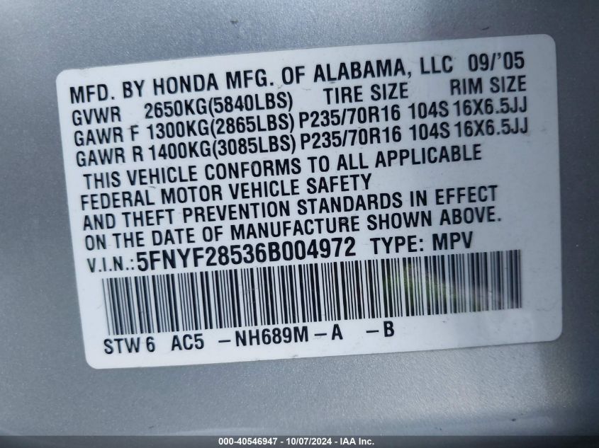 2006 Honda Pilot Ex-L VIN: 5FNYF28536B004972 Lot: 40546947