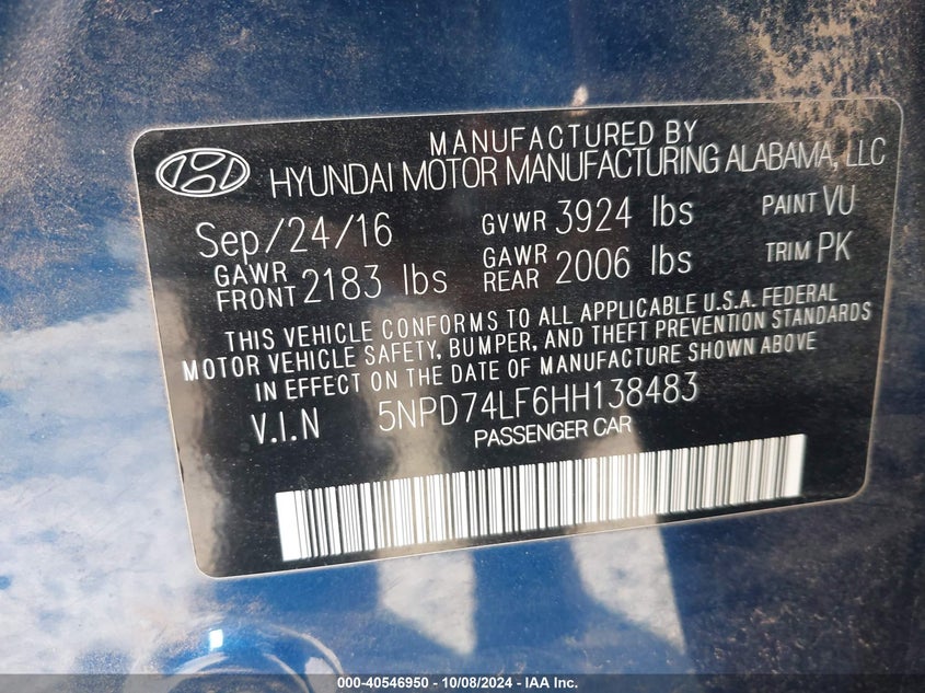 5NPD74LF6HH138483 2017 Hyundai Elantra Se