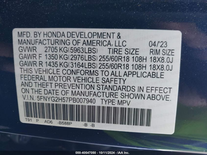 5FNYG2H57PB007940 2023 Honda Pilot 2Wd Ex-L 7 Passenger