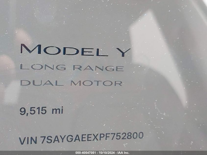 2023 Tesla Model Y Awd/Long Range Dual Motor All-Wheel Drive VIN: 7SAYGAEEXPF752800 Lot: 40547051