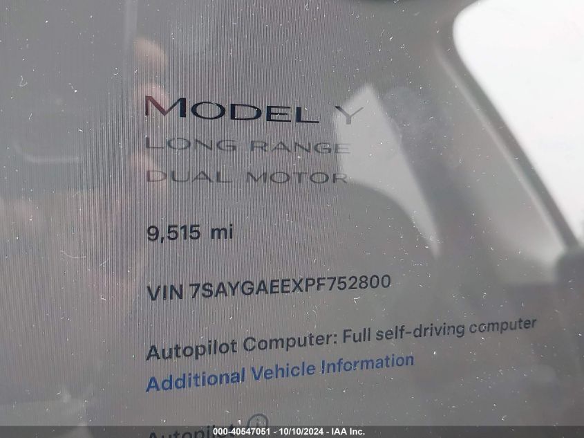 2023 Tesla Model Y Awd/Long Range Dual Motor All-Wheel Drive VIN: 7SAYGAEEXPF752800 Lot: 40547051