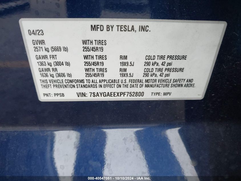 2023 Tesla Model Y Awd/Long Range Dual Motor All-Wheel Drive VIN: 7SAYGAEEXPF752800 Lot: 40547051