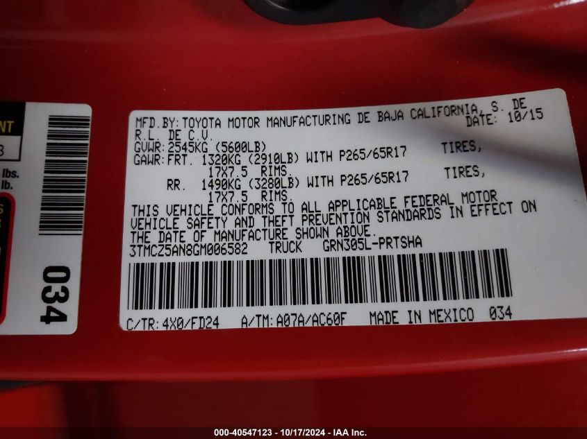 2016 Toyota Tacoma Trd Sport VIN: 3TMCZ5AN8GM006582 Lot: 40547123