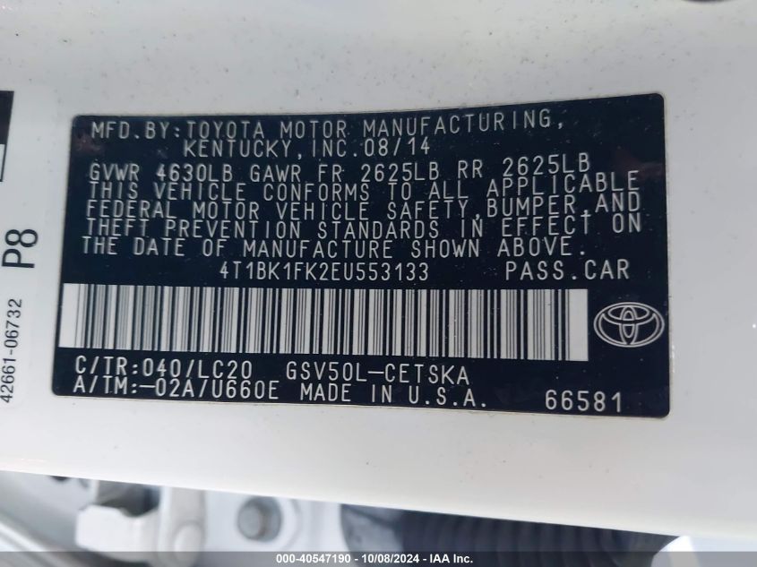 4T1BK1FK2EU553133 2014 Toyota Camry Se/Xle