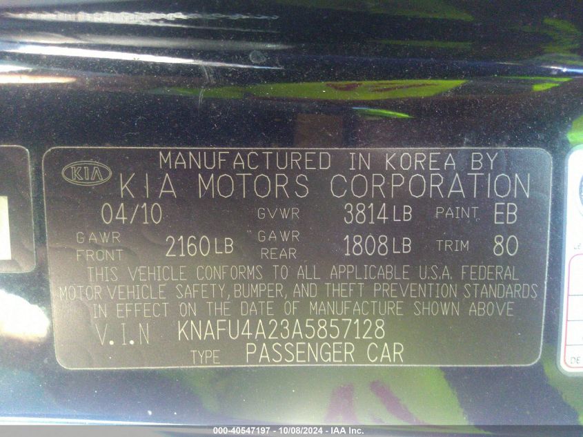 KNAFU4A23A5857128 2010 Kia Forte Ex