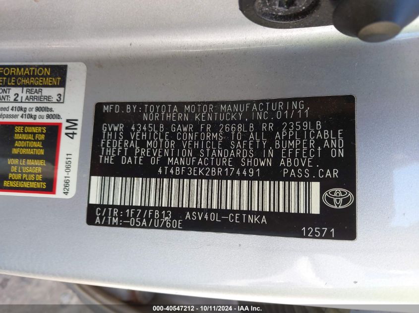 4T4BF3EK2BR174491 2011 Toyota Camry Se/Le/Xle