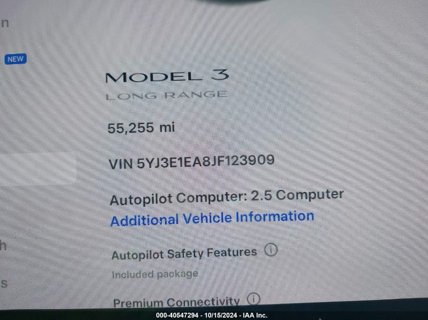 2018 Tesla Model 3 Long Range/Mid Range VIN: 5YJ3E1EA8JF123909 Lot: 40547294