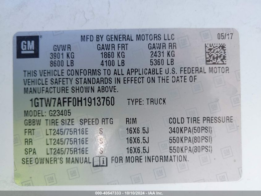 1GTW7AFF0H1913760 2017 GMC Savana 2500 Work Van