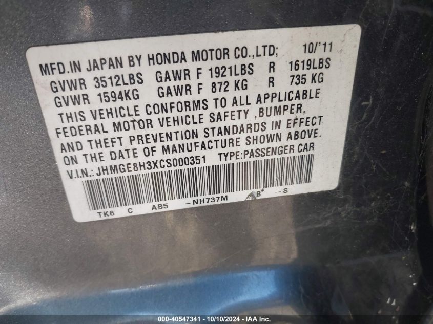 JHMGE8H3XCS000351 2012 Honda Fit