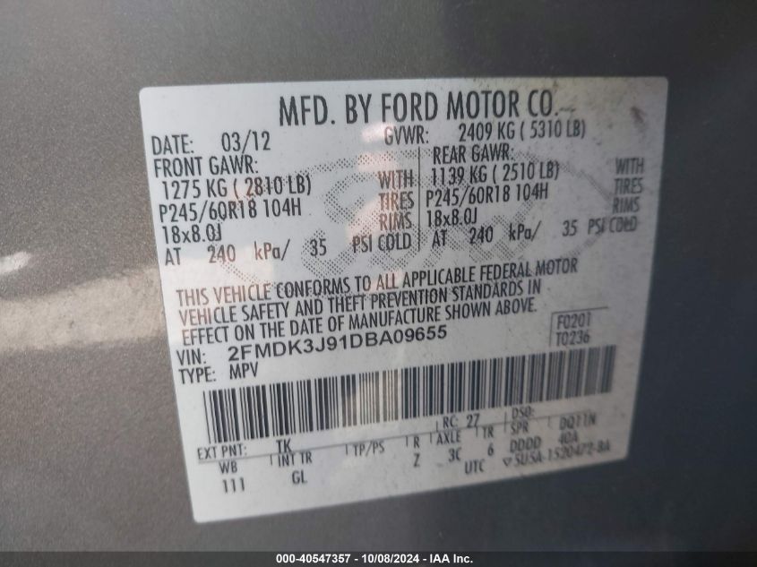 2013 Ford Edge Sel VIN: 2FMDK3J91DBA19655 Lot: 40547357