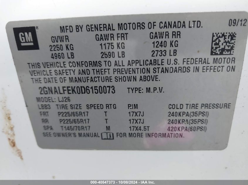 2GNALFEK0D6150073 2013 Chevrolet Equinox Ltz