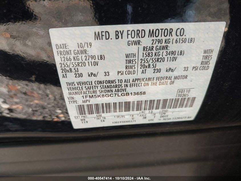 2020 Ford Explorer St VIN: 1FM5K8GC7LGB13658 Lot: 40547414