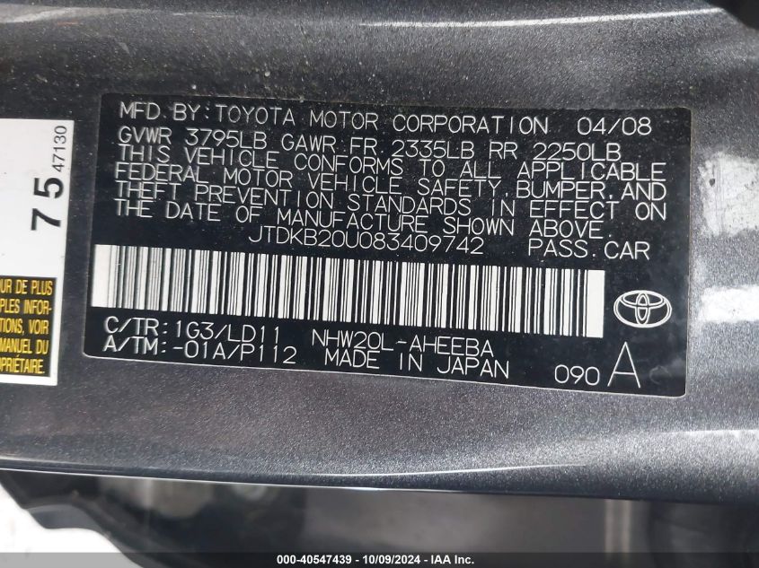 JTDKB20U083409742 2008 Toyota Prius