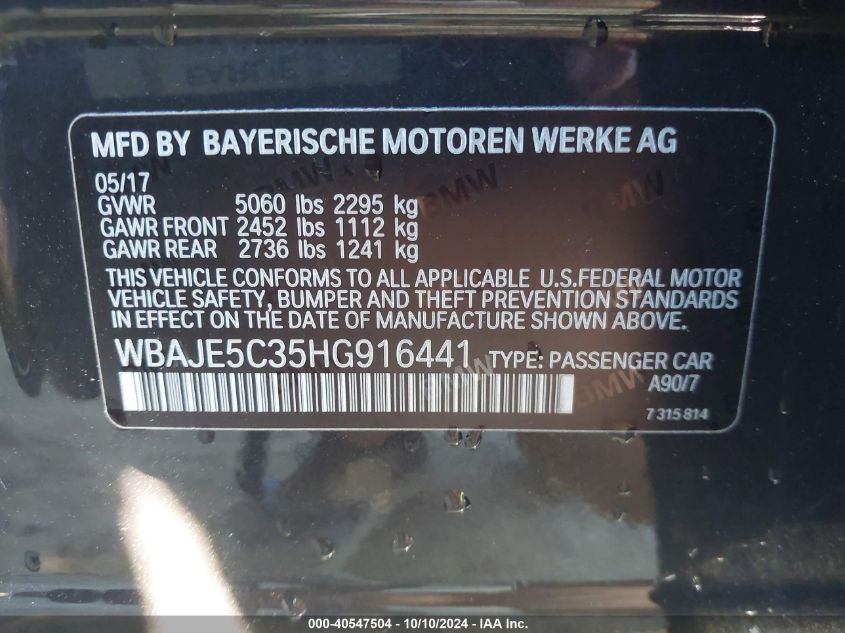 WBAJE5C35HG916441 2017 BMW 540I