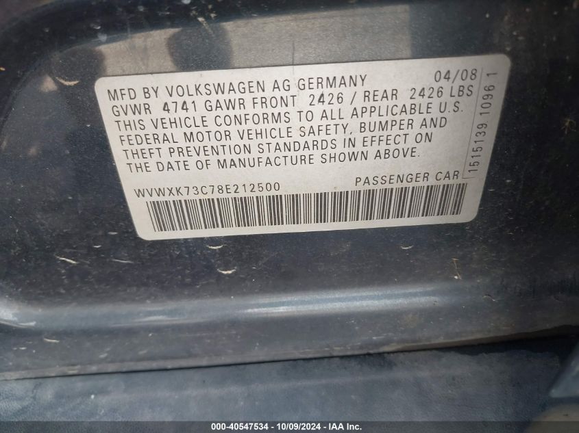 WVWXK73C78E212500 2008 Volkswagen Passat Turbo