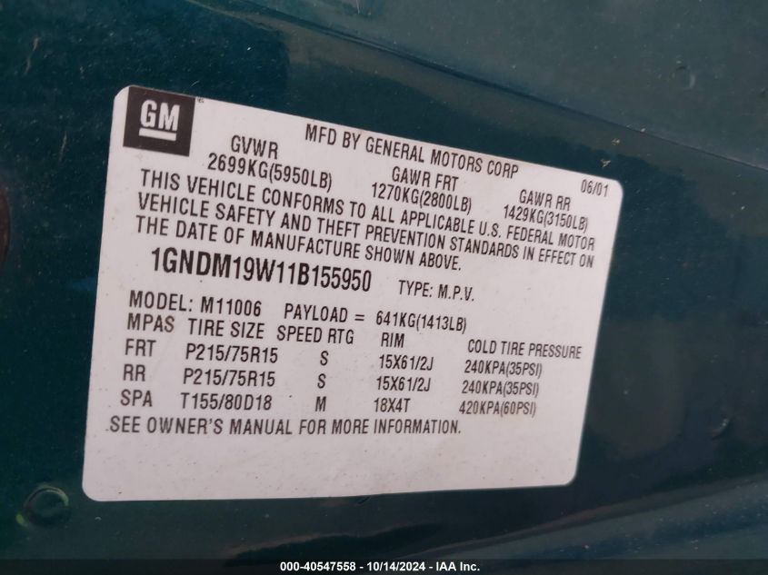 2001 Chevrolet Astro VIN: 1GNDM19W11B155950 Lot: 40547558