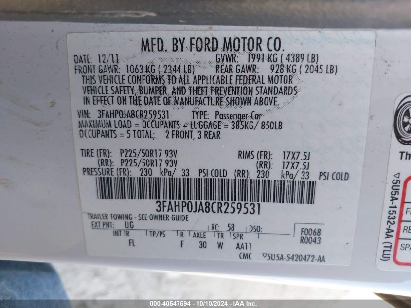 2012 Ford Fusion Sel VIN: 3FAHP0JA8CR259531 Lot: 40547594