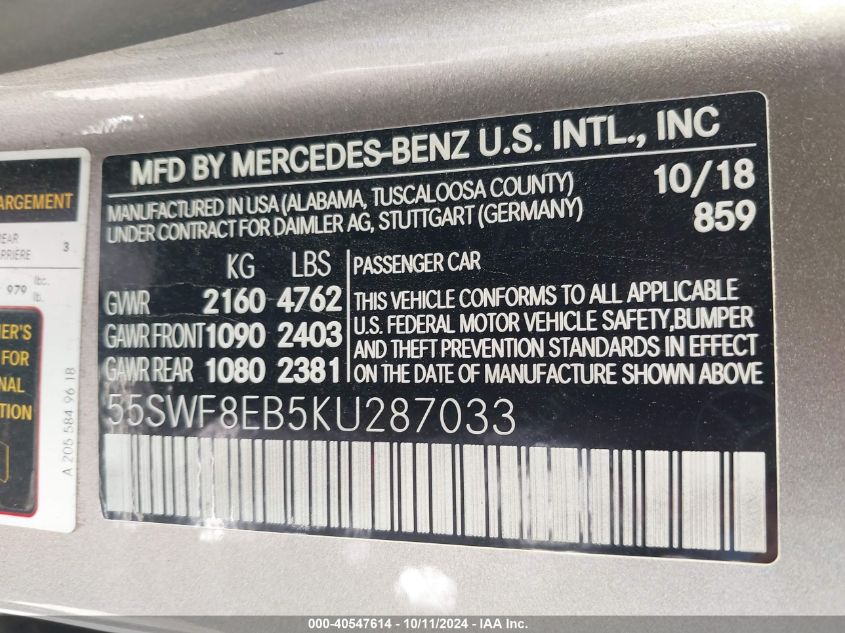 2019 Mercedes-Benz C 300 4Matic VIN: 55SWF8EB5KU287033 Lot: 40547614