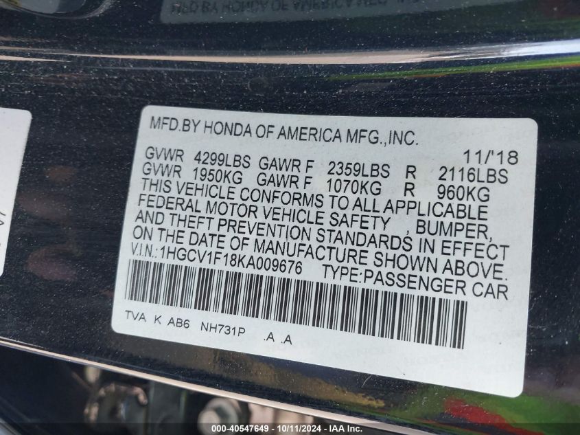 1HGCV1F18KA009676 2019 Honda Accord Lx