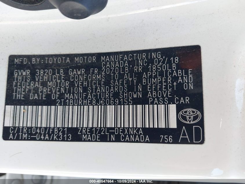 2T1BURHE8JC069155 2018 Toyota Corolla L/Le/Xle/Se/Xse