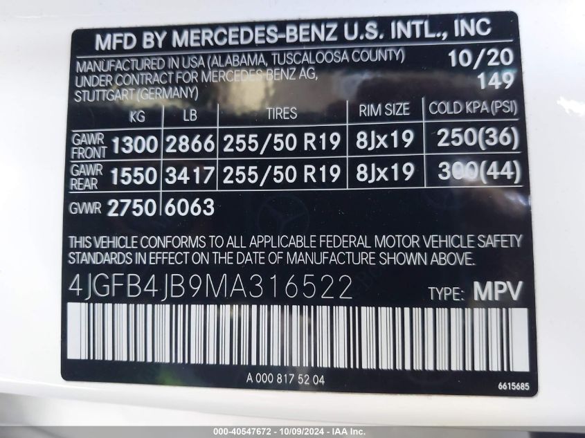 4JGFB4JB9MA316522 2021 Mercedes-Benz Gle 350