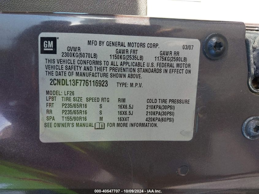 2CNDL13F776116923 2007 Chevrolet Equinox Ls