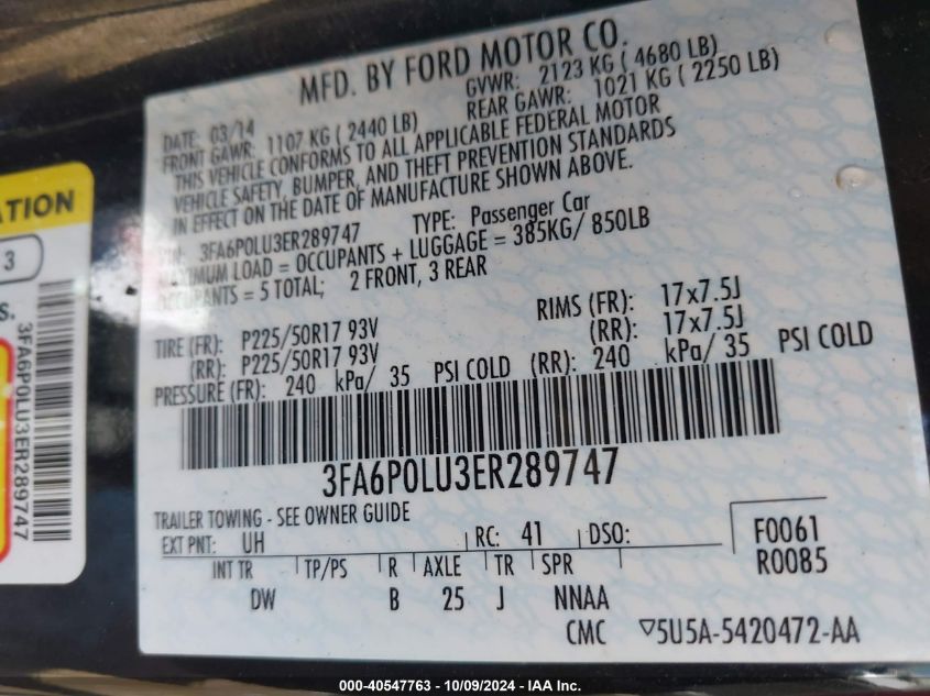 3FA6P0LU3ER289747 2014 Ford Fusion Hybrid Se