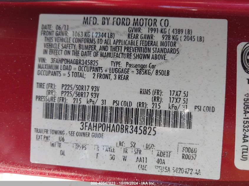 3FAHP0HA0BR345825 2011 Ford Fusion Se