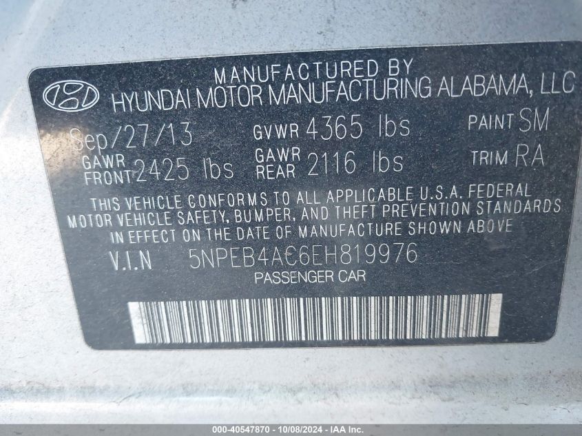 5NPEB4AC6EH819976 2014 Hyundai Sonata Gls