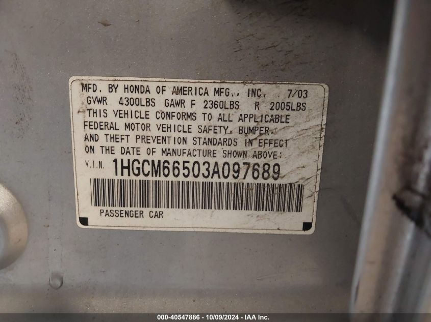 1HGCM66503A097689 2003 Honda Accord 3.0 Ex