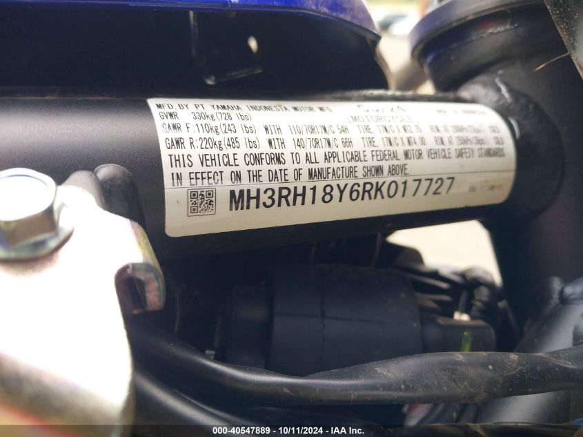 2024 Yamaha Yzfr3 A VIN: MH3RH18Y6RK017727 Lot: 40547889