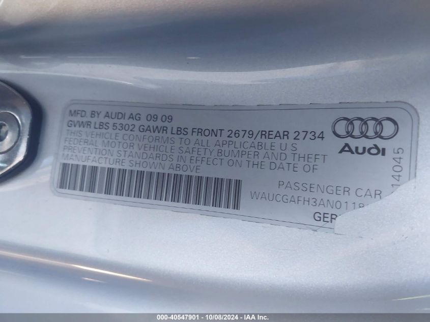 2010 Audi S5 Premium Plus VIN: WAUCGAFH3AN011801 Lot: 40547901