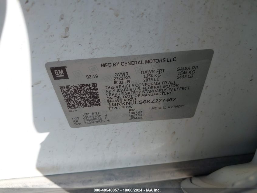 1GKKNULS6KZ227467 2019 GMC Acadia Slt-1