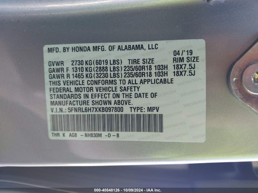 5FNRL6H7XKB097800 2019 Honda Odyssey Ex-L