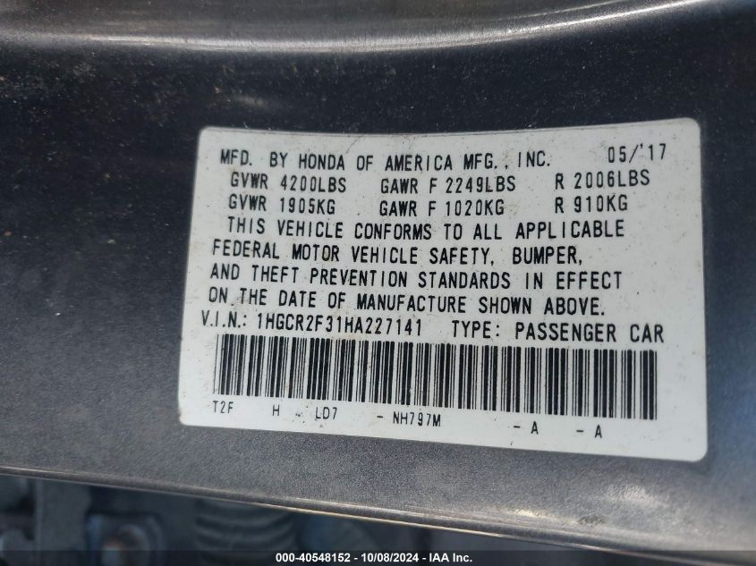 1HGCR2F31HA227141 2017 Honda Accord Lx