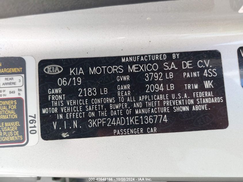 3KPF24AD1KE136774 2019 Kia Forte Lxs