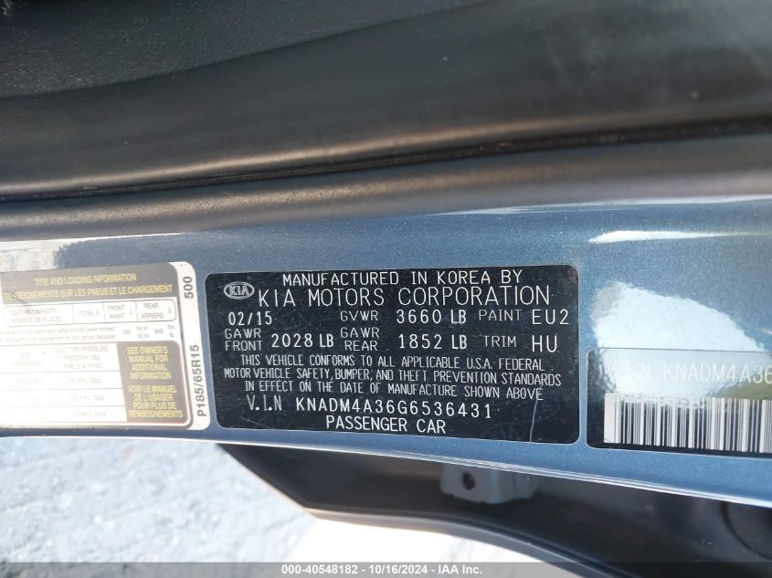 2016 Kia Rio Lx VIN: KNADM4A36G6536431 Lot: 40548182