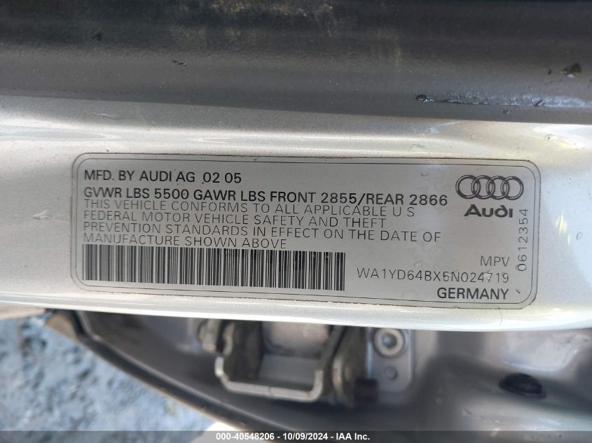 2005 Audi Allroad VIN: WA1YD64BX5N024719 Lot: 40548206