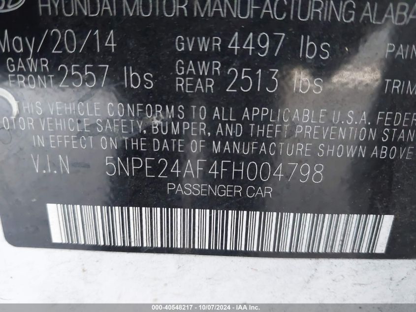 5NPE24AF4FH004798 2015 Hyundai Sonata Se